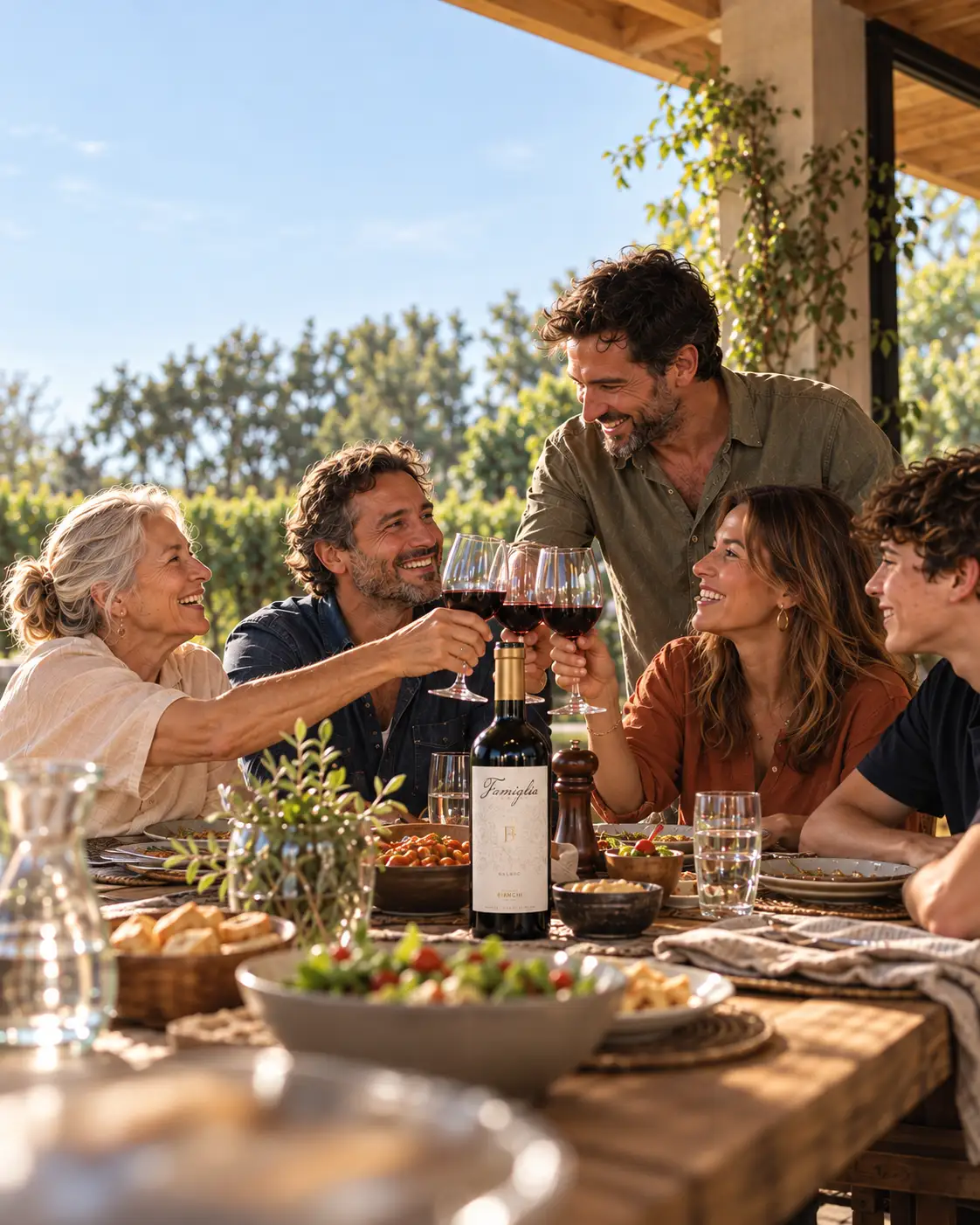 Familia numerosa brindando en un asado