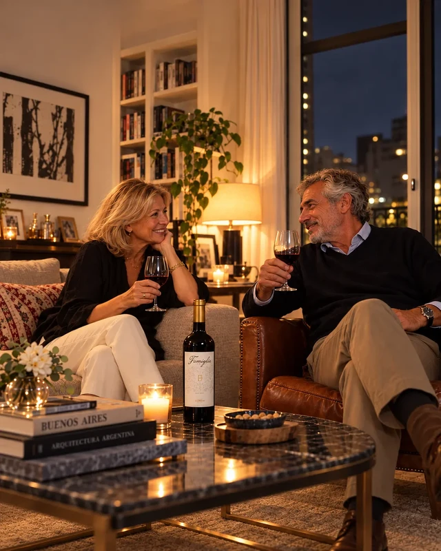 Pareja adulta brindando en el living