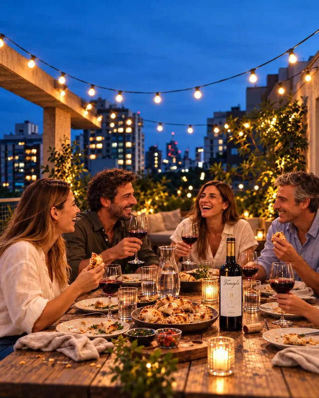 Amigos brindando en una terraza de noche